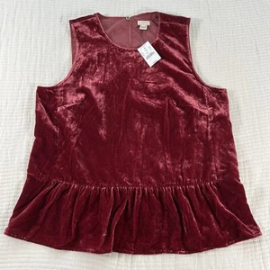J Crew Top Womens 12 Wine Red Velvet Peplum Sleeveless WhimsiGoth Holiday NEW - Picture 1 of 11