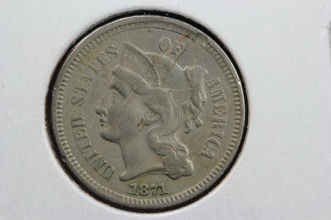 1871 3 Cent Nickel AU Struck Through Debris 1WI8 Cover