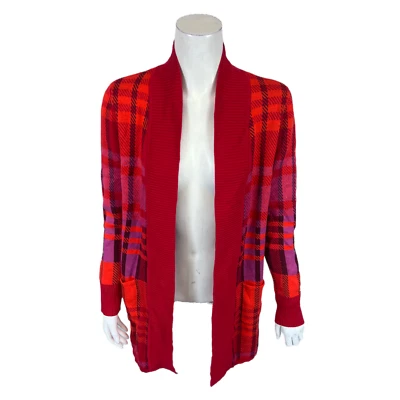 Cárdigan Isaac Mizrahi Elección de Patrón Jacquard Rojo Multi Cuadros Talla Pequeña Foto 1 de 2