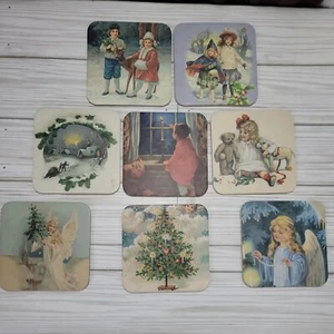Christmas Retro Children/Angels Set of 8 Coasters Each w/ Unique Image Cork Back - Picture 1 of 14