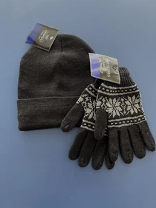 NEW Boy YOUTH One Size Black & Gray Snowflakes Knit Gloves Black Beanie Hat NWT - Picture 1 of 2