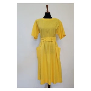 Vintage 1970's Deadstock Bright Yellow Belted Dress - Picture 1 of 7