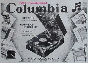 PUBLICITE COLUMBIA PORTATIF PLANO REFLEX PHONOGRAPHE COUESNON DE 1929 FRENCH AD - Imagen 1 de 1