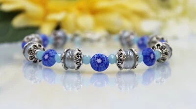  Silber Armband Damen Perlen Millefiori Sommer Blau Türkis Länge 20,5 cm #GA063 - Bild 1 von 3