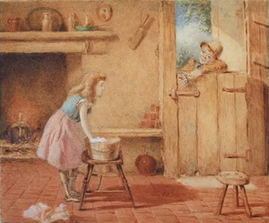 Frederick Thomas Underhill (1841-1913) interior watercolour. Boy & Sweetheart. - Picture 1 of 5