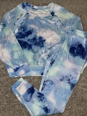 Justice Collection X Blue Tie Dye Velour Pullover Sz 14 & Joggers Sz 12 - Image 1 of 4