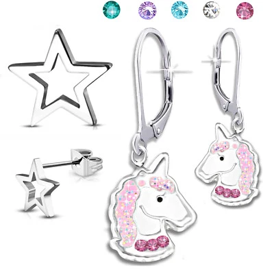 2x Ohrringe Kinder Ohrhänger Brisur Pferd Einhorn Sterne Creolen 925 Echt Silber - Bild 1 von 4