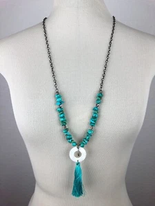 NWT Handmade Womens Turquoise Necklace Shell Tassel Southwestern Silver Tone USA - Picture 1 of 5