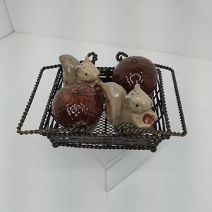 Set of 4 Kitchy Squirrel Acorn Salt Pepper Shakers Fall Wire Basket Holder - Picture 1 of 12
