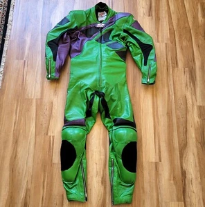 ERBO Motorcycle Racing Suit 1 Piece Leather Green Purple Full Zip Mens L-XL - Foto 1 di 21