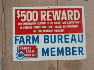 Letrero de recompensa de 500 dólares Kansas Farm Bureau 1972 - nuevo stock antiguo - Imagen 1 de 4