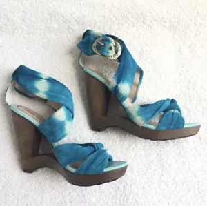 Miss Sixty Wedge 7.5 Turquoise Tie Dye Suede Yolanda Sandals Wood Platform - Imagen 1 de 8