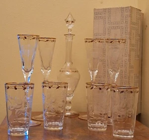 Moser 10 Stk. Paula 24k & geätzte Glaskaraffe 4 Champagner & Becher mit Boxen - Bild 1 von 24