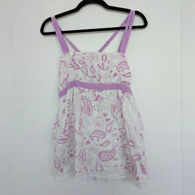 Y2K Babydoll Volcom Strappy Split Back Purple White Paisley Tank Top Sz Y2K L - Image 1 of 4