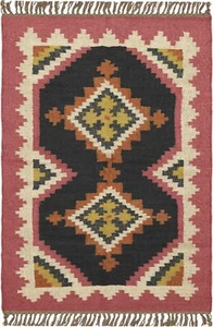 Home loom art 8 Square Large Area Rug Black Wool Jute Kilim Rug Large Flatweave - Picture 1 of 9