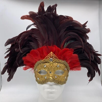 Feather Masquerade Party Mardi Gras MASK Red Gold for Women Girls Prom Costume - Image 1 of 4