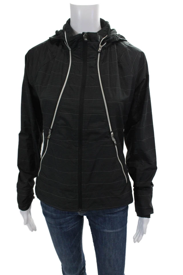 Chaqueta deportiva Athleta para mujer con capucha manga larga cremallera completa negra a rayas talla XS Foto 1 de 4