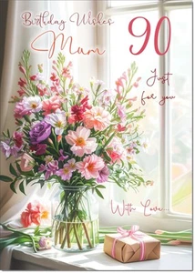 Doodlecards Mum 90th Birthday Card Age 90 Flower Bouquet and Present - Picture 1 of 4