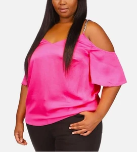 Top MICHAEL KORS Mujer Rosa Cadena Correas Manga Acampanada Cuello Plus 2X WR340G74LW - Imagen 1 de 5