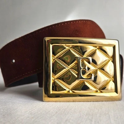 Vintage 80s ESCADA Classic Designer E Logo Belt Rich Brown Suede Italy XS SMALL - Image 1 of 4