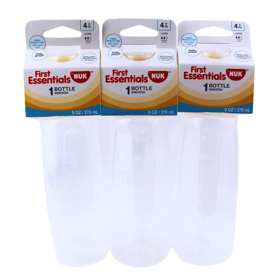 New Gerber First Essentials Baby Bottle Blue Plastic Latex Nipple 9-Ounce 3 pack - Image 1 of 3