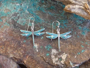 Turquoise & Opal Dragonfly Gemstone Sterling Silver 925 French Wire Earrings S58 - Picture 1 of 7