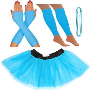 GUANTES TURQUESA TUTÚ CALENTADORES DE PIERNAS CUENTAS ADULTO ELEGANTE VESTIDO NEÓN GALLINA FIESTA UV DISCO - Imagen 1 de 6