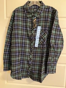 Gap Women’s Flannel Shirt L Large Green Navy Blue Plaid Boyfriend Button Up - Picture 1 of 9