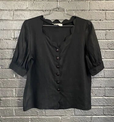 VALENTINO винтажный черный льняной Puff рукав зубчатый блузка верхний РЕДКАЯ!!! - Изображение 1 из 2