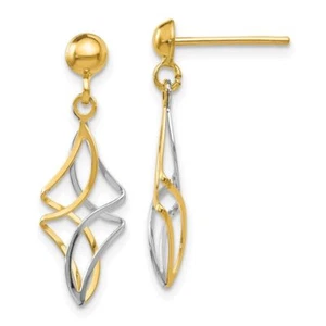 14K Solid Two Tone Gold Post Dangle Earrings - Picture 1 of 4