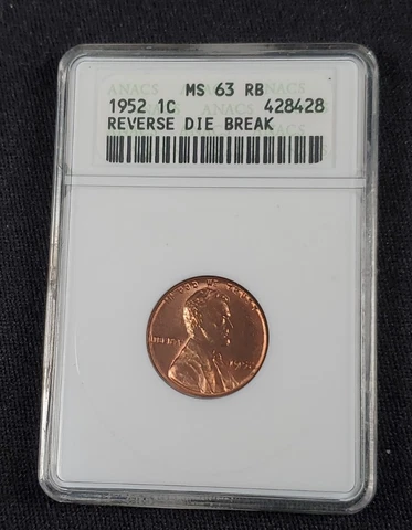 1952 Lincoln Wheat Cent Penny - Reverse Die Break -Soapbox Holder ANACS MS 63 RB Cover