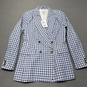 NEW Free Assembly Blazer Womens XS Blue White Check Double Breast Organic Cotton - Picture 1 of 17