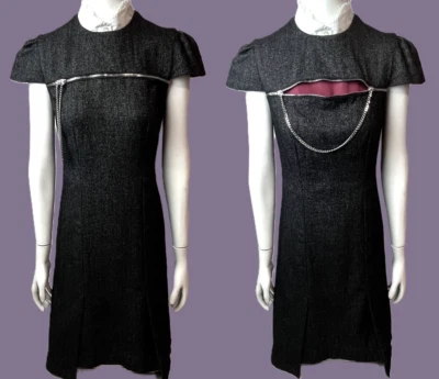 复古 MCQ MCQUEEN 链式哥特式 Peekaboo 连衣裙羊毛领 Wednesday XS 38 灰色 — 第 1/4 张图片