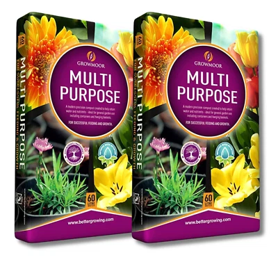 2 x 60L Multi-Use Compost Bags – Growmoor Soil for Plants & Seedlings uk