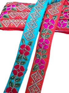 1 metre 28mm 2 tone silk Indian Red flower glitter embroidery Trim Craft Ribbon - Picture 1 of 3