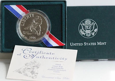 1995 Civil War Battlefield BU 90% Silver Dollar Commemorative $1 Coin Box + COA - Image 1 of 3