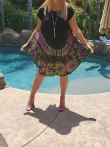 Maya Antonia Hand Tie-Dye Black-Rainbow-3 Umbrella Flowy,Swing,Beach-Boho Dress - Picture 1 of 8