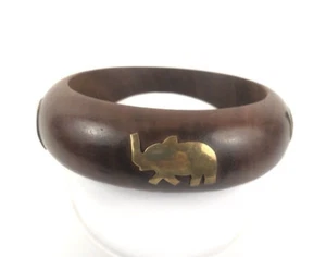 Brazalete de madera de elefante adorno de color latón amplio étnico - Imagen 1 de 4