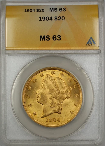 1904 $20 Liberty Double Eagle Gold Coin ANACS MS-63 SB (B) Cover