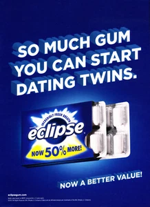 ECLIPSE GUM AD #21 RIVISTA promo AD 2012 TANTA GOMMA SI PUÒ INIZIARE A DATARE GEMELLI - Foto 1 di 2