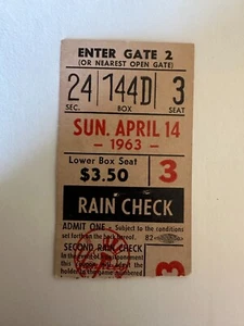 New York Yankees 14. April 1963 Rain Check Ticket Stub Elston Howard 2 RBI's - Bild 1 von 2