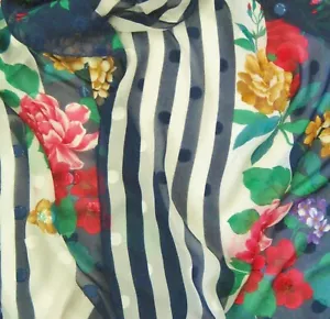 Seidiger Chiffon Schal bunte Blumen mit marineblauen & weißen Streifen 17 x 60" (43 x 152 - Bild 1 von 11