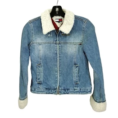 Tommy Hilfiger Kids Vintage Denim Jacket Blue Sz L Faux Sherpa Collar Cuffs Logo - Image 1 of 4