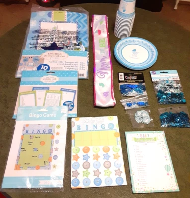 Baby Shower Decorations for Boy Blue/White Set Decor Games Plates Cups Satch - Image 1 of 4