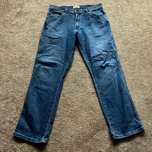 Wrangler Texas Brushed Jeans Men 34 X 30 Blue Denim Pockets Straight Leg Zip Fly - Picture 1 of 14