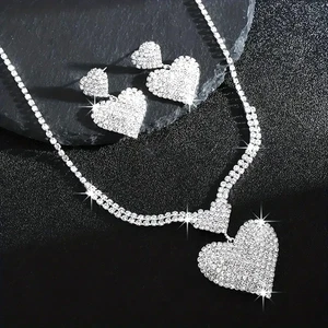 Modische neue, exquisite, blitzende Strass-Doppelherz-Halskette, Ohrring-Set - Bild 1 von 6