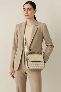 Anne Klein 7" X  8" X  3.5" Crossbody Bag With AK Logo Adjustable Strap Beige - Picture 1 of 8