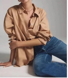 Anthropologie Maeve The Bennet Buttondown Shirt Top Beige Brown Tan Women's M - Picture 1 of 9
