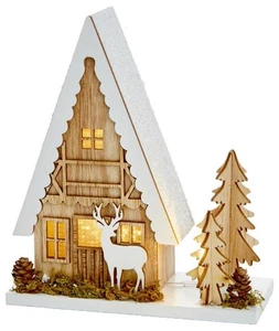 Xmas House Wood with Tree & Reindeer 22cm Battery Powered Ornament Christmas - Picture 1 of 2