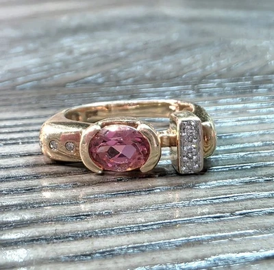 Vintage Estate 10k Yellow Gold Pink Tourmaline & Diamond Ring, Size 5.25 - Image 1 of 4